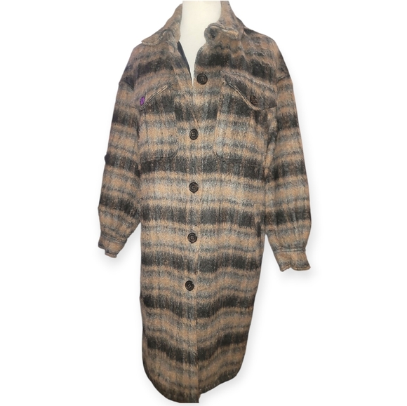 7 For All Mankind car coat Black brown plaid brushed Outerwear longline Medium - Picture 2 of 10